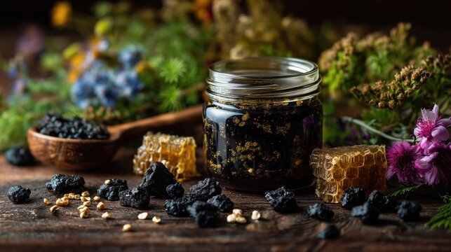 Jar of shilajit honey with raw honeycomb pieces and shilajit resin stones beside it, surrounded by wild herbs and flowers, natural organic background