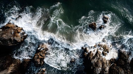 Obraz premium Aerial view of rugged rocks along a coastline with white waves crashing onto them. Concept Aerial coastal landscape, Rugged rocks, White waves crashing, Dramatic seascape from above
