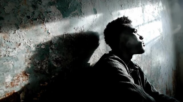 Contemplative man in silhouette sitting alone in a dark room with a ray of hope.