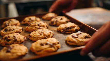 Freshly baked chocolate chip cookies cooling on a tray while a baker's hands gently handle the tray in a warm kitchen atmosphere, with a rustic background and soft lighting - Powered by Adobe