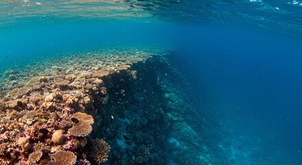 Wide-Angle View of a Majestic Coral Reef Drop-Off in Deep Blue Ocean © Yana