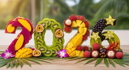 Creative tropical fruit arrangement displaying the year 2026, a vibrant culinary art