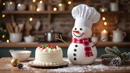 Snowman chef next to frosted cake in festive kitchen
