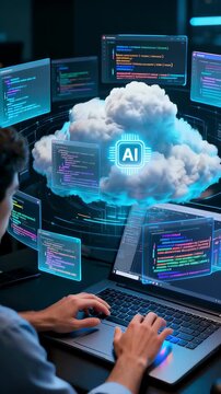 An ai cloud computing machine learning data science software development programming code developer laptop dashboard interface cyber security analytics automation digital network server database