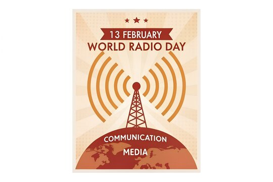 Vintage radio waves emitting from antenna over globe, celebrating World Radio Day, communication, media, broadcast, retro sound vector design.