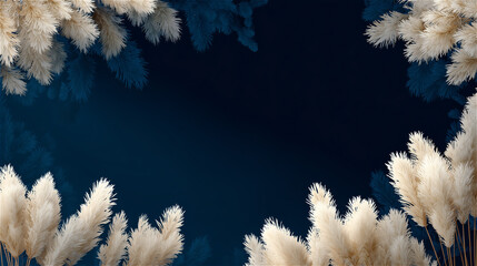 Naklejka premium ベージュ色のパンパスグラスと青いモミの木の葉。冬と秋のイメージフレーム。 generative ai