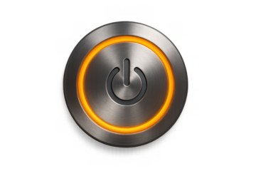 Brushed metal power button glowing orange, symbolizing on, off, start, and technology with a transparent background