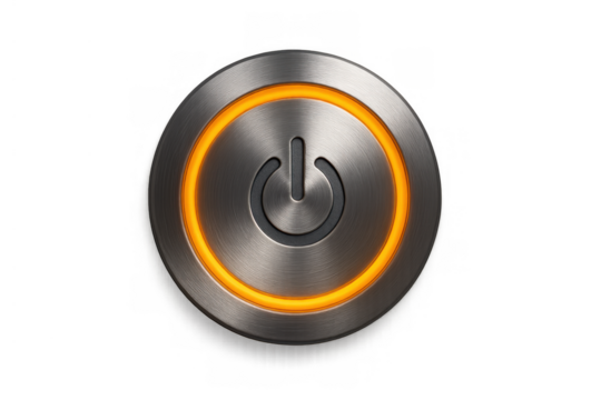 Brushed metal power button glowing orange, symbolizing on, off, start, and technology with a transparent background
