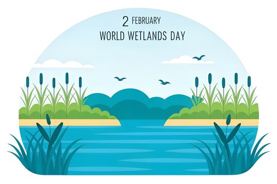 world wetlands day stylized water landscape with birds and reeds symbolizing ecosystem, biodiversity, protection, conservation, and global environmental awareness concept
