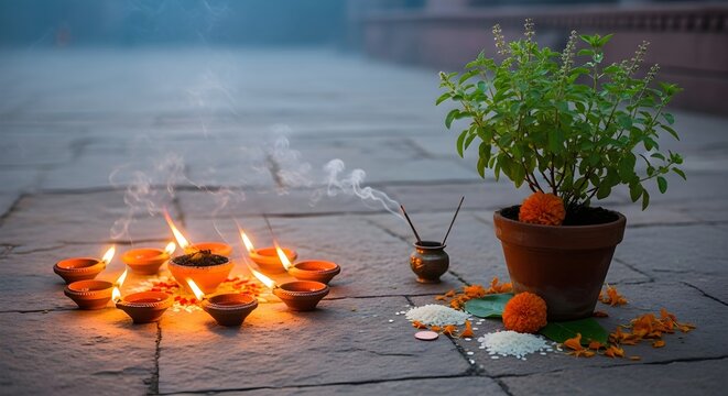 A serene tulsi vivah scene with lit diyas, incense, and a tulsi plant, symbolizing the sacred union and auspiciousness of the hindu festival