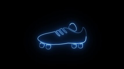 Glowing neon line Football shoes icon isolated on black background. Soccer blue boots protection. 4K Video motion graphic animation.
