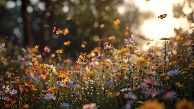Butterflies Fluttering Among Vibrant Wildflowers at Sunset in a Serene Garden