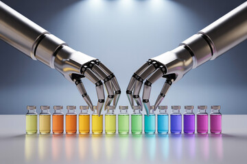 Robotic arms manipulate colorful vials in a laboratory setting showcasing automation in science and medicine with advanced technology and precision