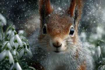 Nature's gentle awakening: red squirrel amid snowy snowdrops. Ha