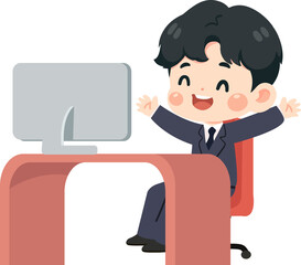 Cartoon Businessman Cheering at His Desk