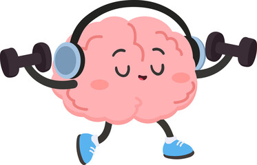 Cartoon Brain Lifting Weights with Headphones