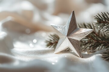 Elegant silver star ornament on soft fabric with festive pine and bokeh.