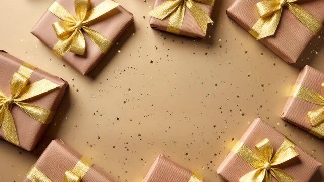 Wrapped Christmas gifts with golden bows on a beige surface with star confetti and copy space in the center. Elegant flat lay for celebration or greeting card. Sparkling and festive.