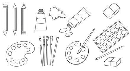A collection of various art supplies in simple black and white line drawings