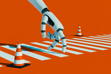 Robot hand walking on a zebra crossing with orange cones in a futuristic setting