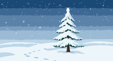 Naklejka premium Snowy Winter Landscape with Christmas Tree and Owl
