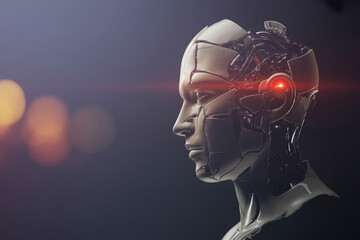 Futuristic cyborg head with glowing red eye showcases advanced ai technology and robotic engineering on a dark background for science fiction concepts