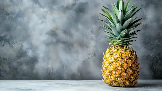 Whole fresh pineapple placed vertically on a bright table with a cloudy gray abstract wall background. The fruit appears ripe and vibrant. Natural food concept.