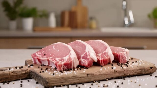 Three raw pork chops placed on a wooden cutting board, surrounded by coarse salt and pepper. Kitchen interior in the background. Fresh meat preparation. Rustic mood.