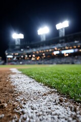 Close-up of baseball field line on dirt and grass with blurred stadium lights and crowd in background, night game atmosphere and competitive sports concept