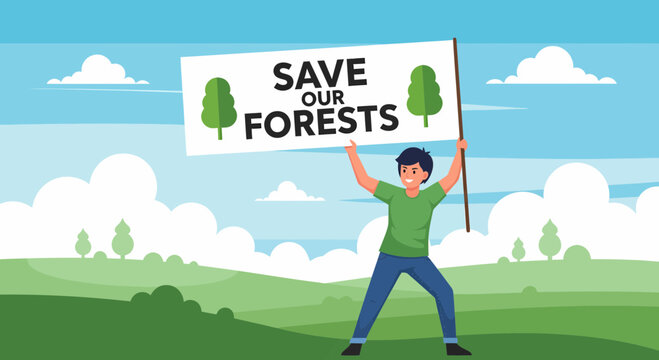 Person Holding A Save Our Forests Sign In A Landscape Scene