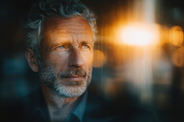 Thoughtful senior man with a distinguished beard looking hopeful into the warm light.