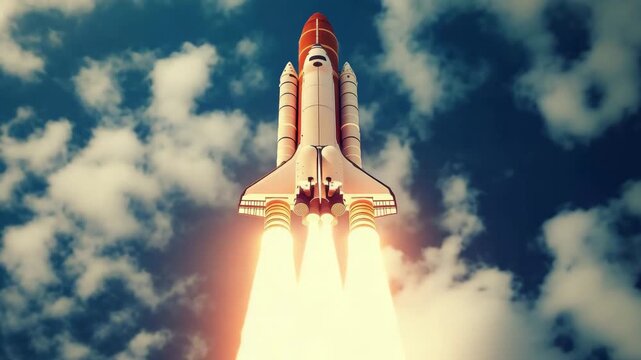 A rocket ascends into the atmosphere as its engines roar and flames erupt, illuminating the morning sky