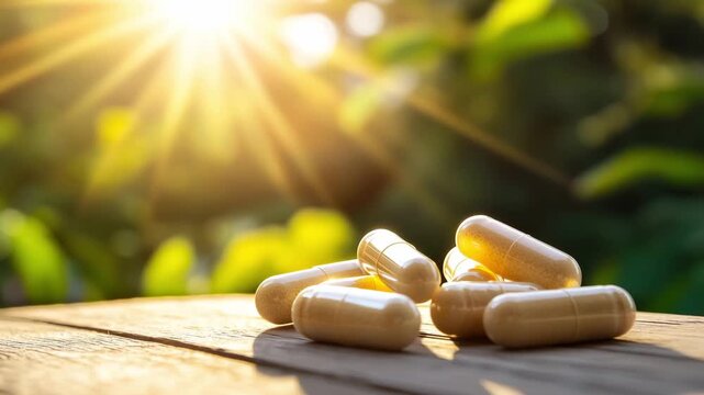 Herbal capsules rest on a wooden table as sunlight filters through leaves in a vibrant garden setting. Concept of natural remedies and medicine
