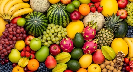 Background photo close up from above a pile of various kinds of fresh fruit covering the image such as melon watermelon apple grapes orange pear pineapple longan cherry banana dragon fruit avocado sta