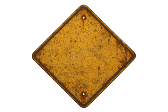 Blank yellow warning sign presenting a rusty, weathered, and old diamond shape, isolated with a transparent background