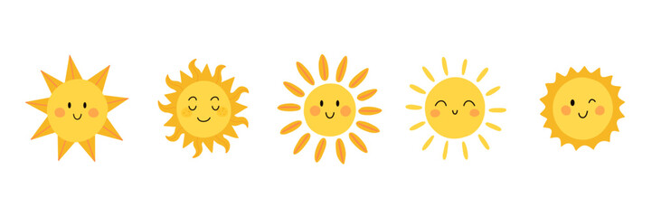 Cute Sun Vector Illustration Set with Smiling Faces and Different Rays. Happy Yellow Suns Showing Warmth, Joy, and Positive Emotion in Minimal and Kids Theme