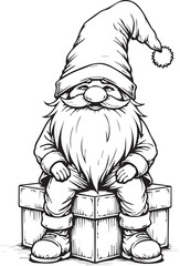 Christmas Gnome Sitting on Gift Boxes — Festive Holiday Line Art Vector