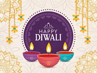 Happy Diwali greeting with three colorful diyas and golden mandala, festive design for cultural celebration or holiday card.