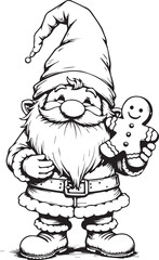 Cute Christmas Gnome Holding Gingerbread Cookie Line Art