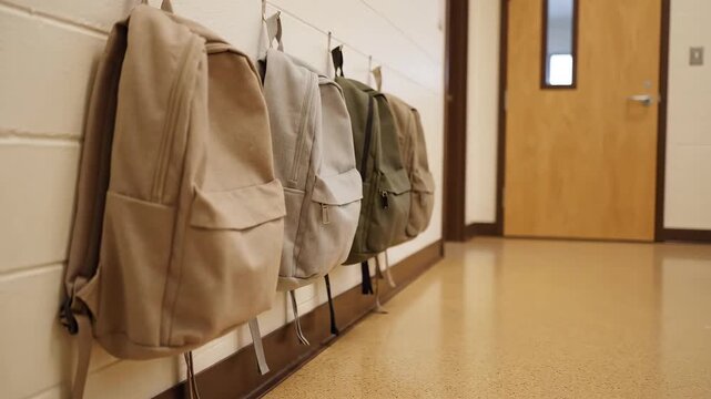 Backpacks hanging on hooks in school hallway by classroom door  