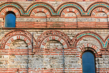 Detailed byzantine brick and stonework on historic building