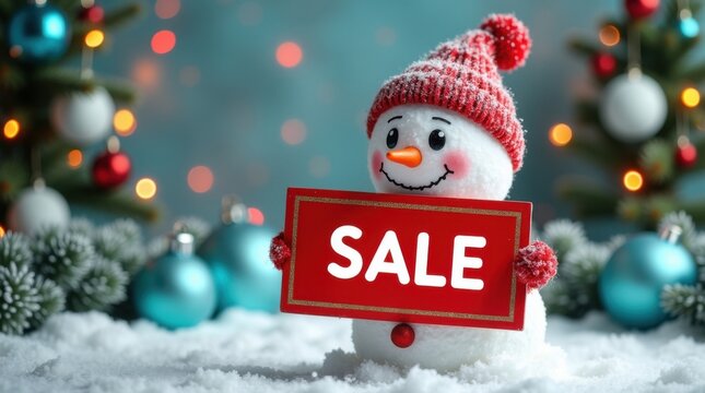 Mu&ntilde;eco de nieve alegre sosteniendo un cartel de venta rojo brillante, rodeado de adornos navide&ntilde;os y luces centelleantes, perfecto para promociones navide&ntilde;as