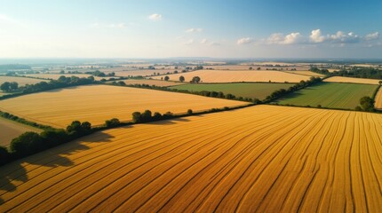 Obraz premium Vista aérea de campos de trigo dorado antes de la cosecha, patrones geométricos de tierras de cultivo, luz solar reflejándose en el paisaje rural