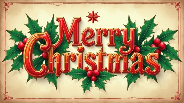 Banner de felicitaci&oacute;n navide&ntilde;a vintage con tipograf&iacute;a antigua, colores c&aacute;lidos, hojas de acebo y texturas retro