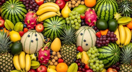 Background photo of a pile of various kinds of fresh fruit covering the picture such as melon watermelon apple grapes oranges pears pineapples longans cherry bananas dragon