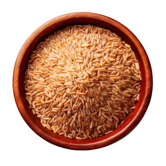 Pile of brown rice, brown rice in a wooden bowl isolated on transparent or white background.