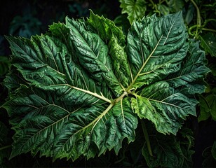 Dramatic close up of a large vibrant green textured leaf on a dark background.