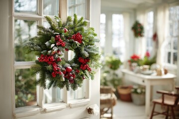 Beautiful Christmas wreath with red berries and snow hanging on a bright door.