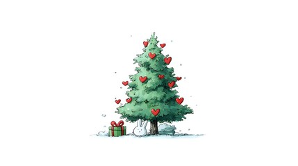 Naklejka premium Festive evergreen tree decorated with red heart ornaments and wrapped presents beneath, watercolor style illustration on white background for holiday designs.