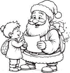 Santa Claus Reading Child’s Christmas Wish List Festive Holiday Line Art Vector